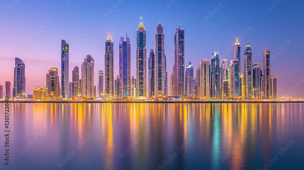 Illuminated cityscape skyline reflected in calm water at dusk. Illuminated cityscape skyline reflected in calm water at dusk.