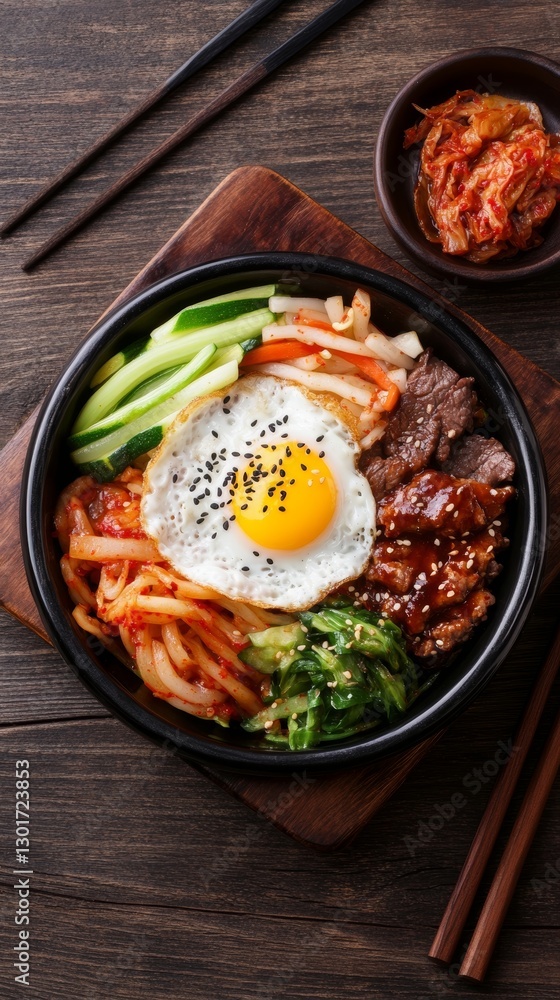 Bowl of bibimbap featuring vibrant toppings and rustic wooden setting with chopsticks and kimchi Bowl of bibimbap featuring vibrant toppings and rustic wooden setting with chopsticks and kimchi