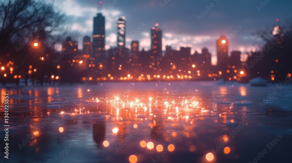 Fototapeta premium Sparkling city lights reflected on winter ice at dusk