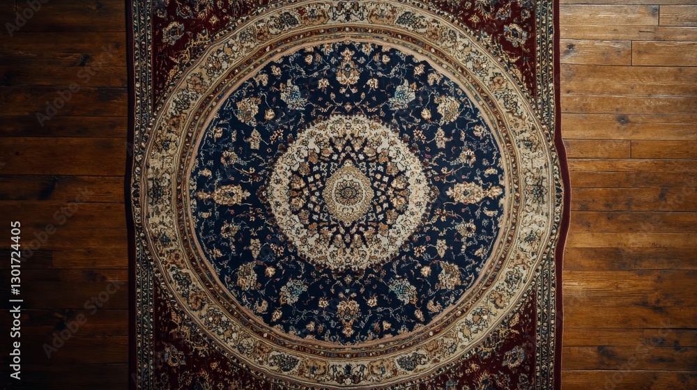 Fototapeta premium Circular patterned rug sits upon hardwood floor.