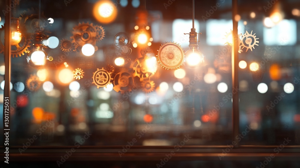 Gears & lights illuminate cafe; city bokeh. Background blur; website banner Gears & lights illuminate cafe; city bokeh. Background blur; website banner