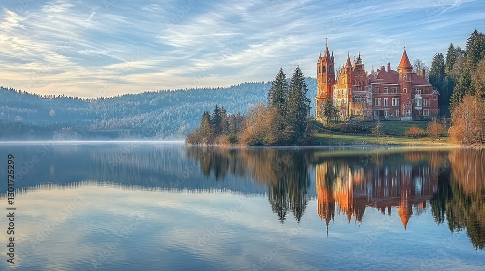 Obraz premium Majestic castle reflected in a calm lake at sunrise.