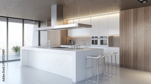 Stunning Modern Kitchen Interior Design with Mocha Mousse 2025 Color, Sleek White Cabinets, Integrated Stainless Steel Appliances, and a Chic Central Island, Perfect for Contemporary Homes