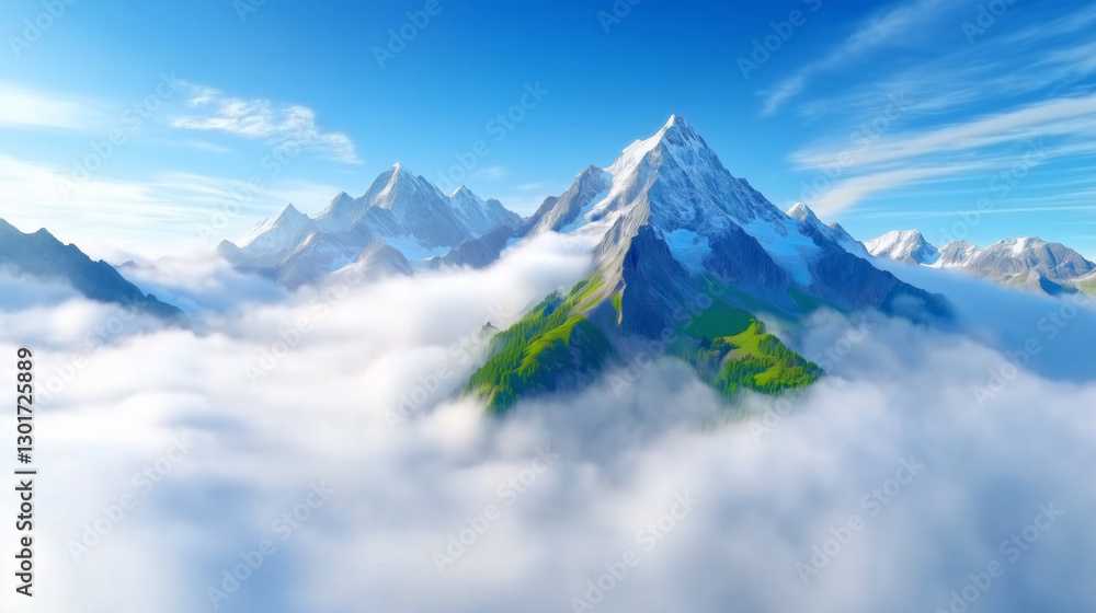 Obraz premium Snow-capped peaks emerge from a sea of fluffy clouds, illuminated by the soft morning light on a clear day. The vibrant greenery complements the breathtaking view of the mountains