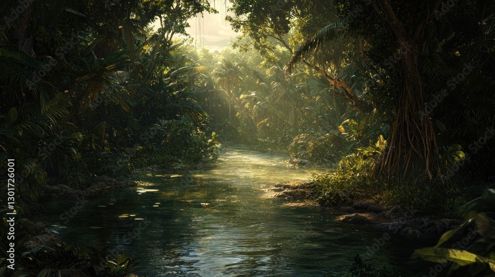 Sunlit jungle river scene. Sunlit jungle river scene.