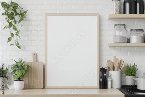 Mockup de moldura vertical em cozinha moderna com utensílios, plantas e decoração minimalista, criado com IA generativa para visualização de arte e design