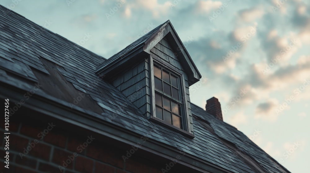 Rustic dormer window on slate roof against cloudy sky at dusk Rustic dormer window on slate roof against cloudy sky at dusk