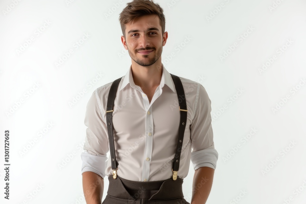 Fototapeta premium Half-Length (Waist-Up) portrait of young stylish smiling Bulgarian male model in costume wear isolated on pure white background looking at camera