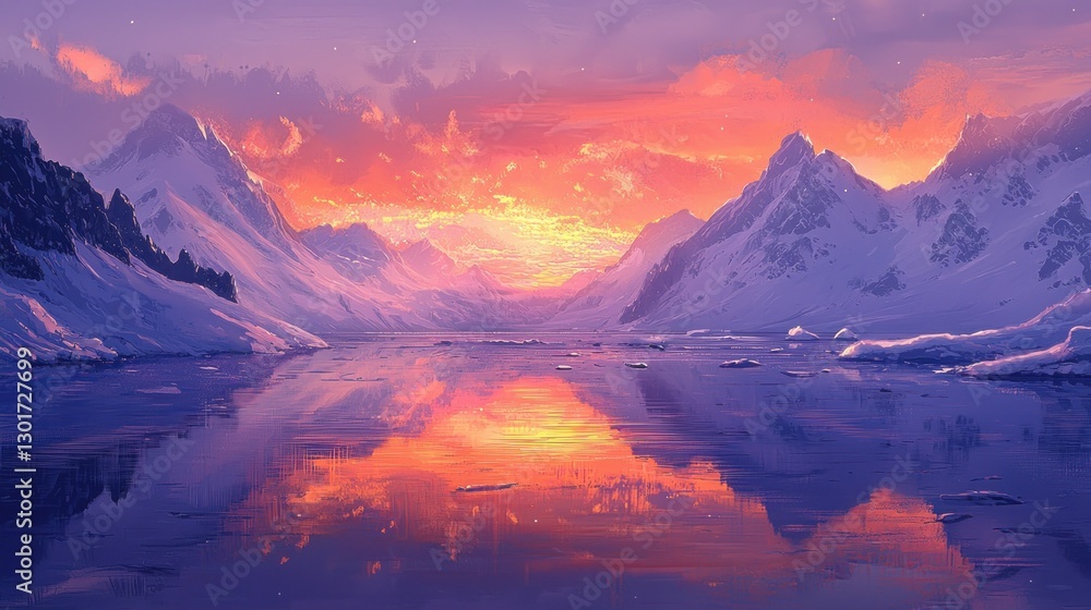 Obraz premium Vibrant sunset reflecting on a serene icy lake surrounded by snow-capped mountains.