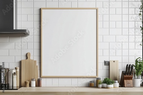 Mockup de moldura vertical em cozinha moderna com utensílios, plantas e decoração minimalista, criado com IA generativa para visualização de arte e design