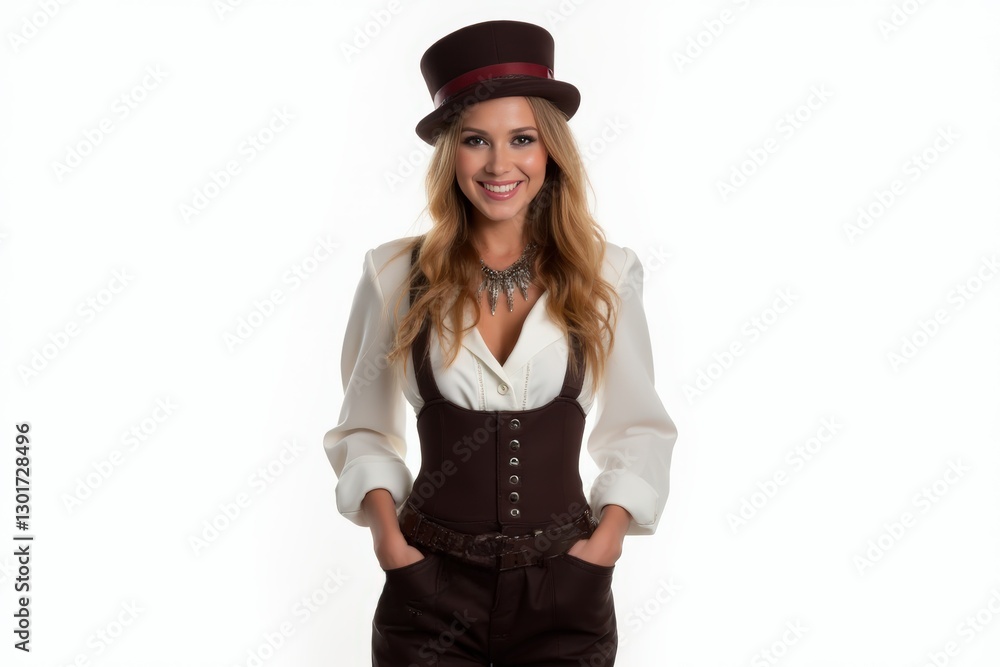 Half-Length (Waist-Up) portrait of young stylish smiling Bulgarian female model in steampunk wear isolated on pure white background looking at camera Half-Length (Waist-Up) portrait of young stylish smiling Bulgarian female model in steampunk wear isolated on pure white background looking at camera
