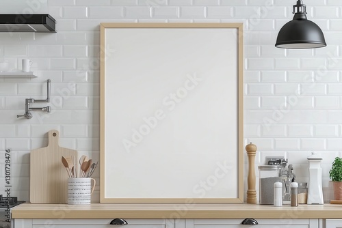Mockup de moldura vertical em cozinha moderna com utensílios, plantas e decoração minimalista, criado com IA generativa para visualização de arte e design