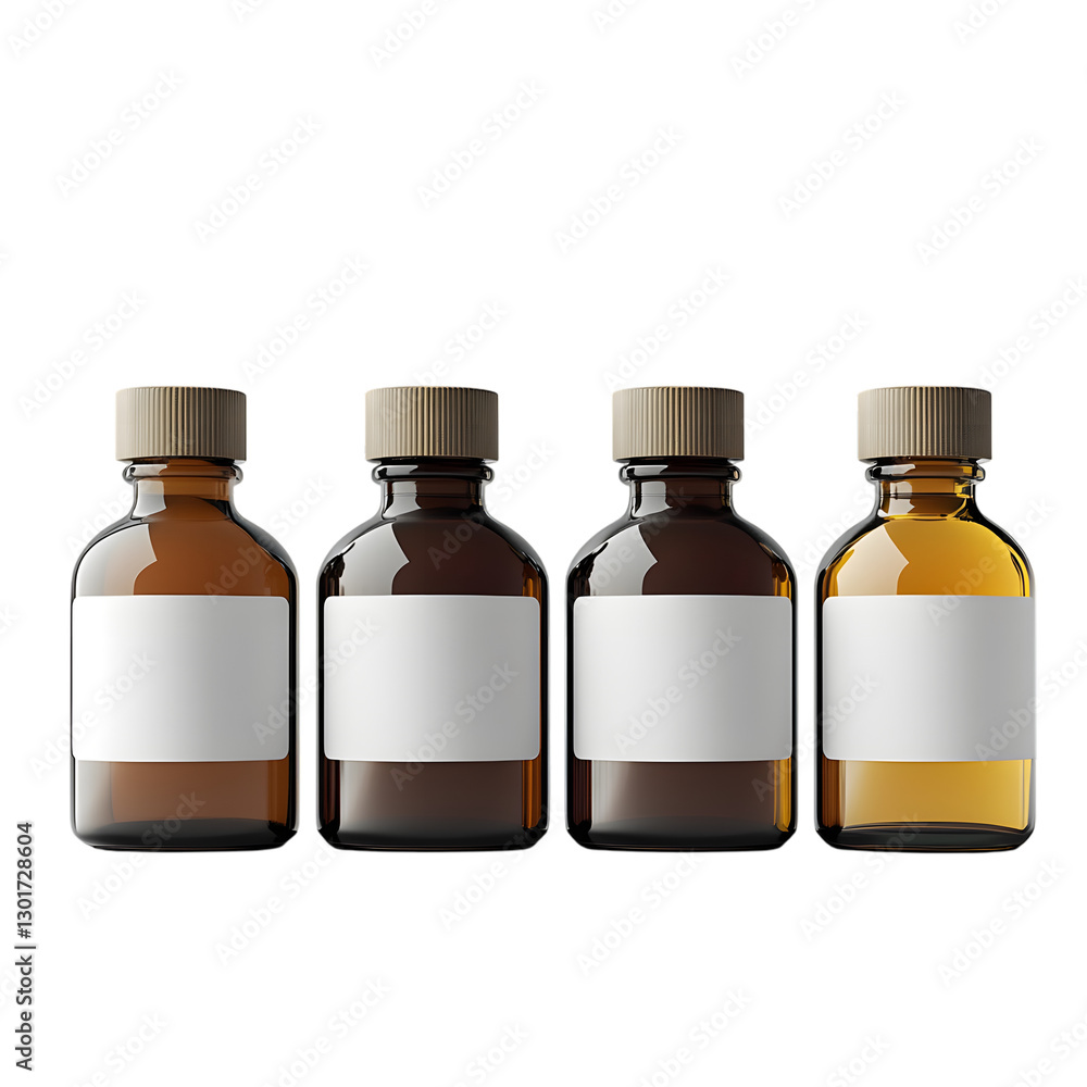 Collection of four elegant essential oil bottles with blank labels, made of amber and clear glass Collection of four elegant essential oil bottles with blank labels, made of amber and clear glass