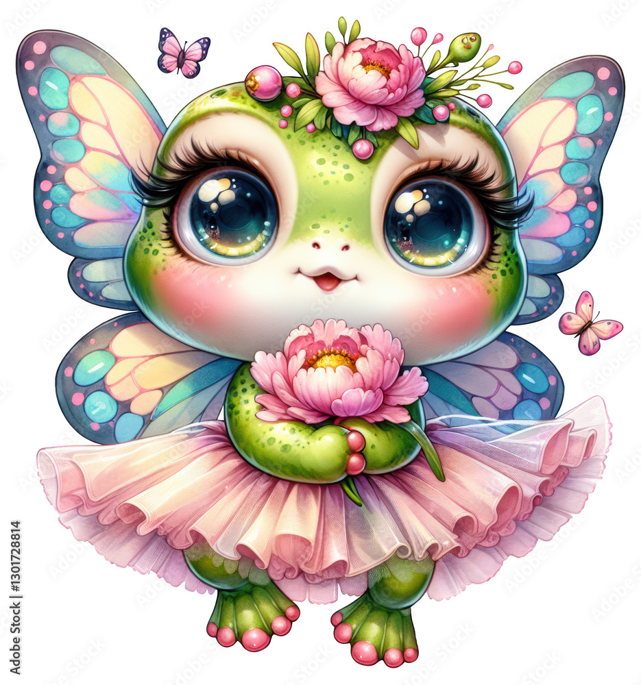 Obraz premium Adorable fairy frog with sparkling butterfly wings, a floral crown, and a pink tutu holding a peony. Perfect for fantasy-themed designs, children's decor, greeting cards, and scrapbooking