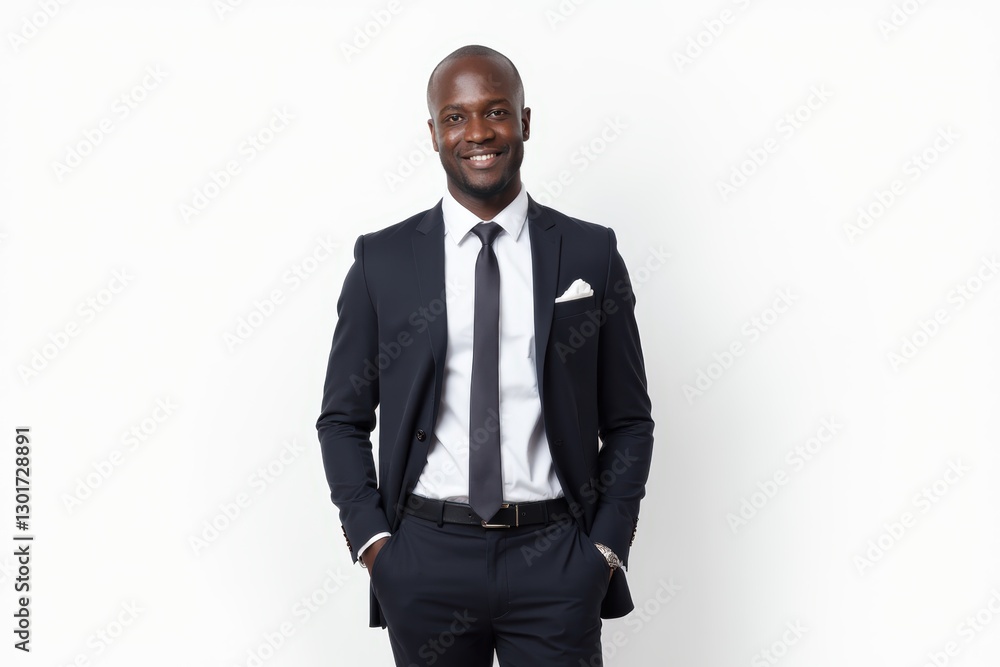 Half-Length (Waist-Up) portrait of young stylish smiling Burkinabé male model in business wear isolated on pure white background looking at camera Half-Length (Waist-Up) portrait of young stylish smiling Burkinabé male model in business wear isolated on pure white background looking at camera