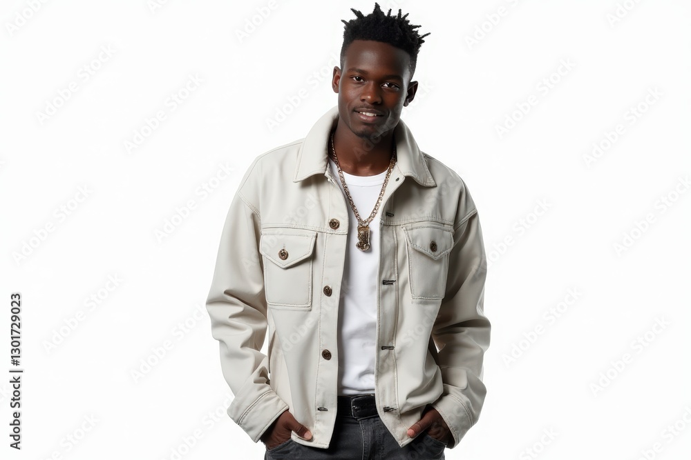 Half-Length (Waist-Up) portrait of young stylish smiling Burkinabé male model in punk wear isolated on pure white background looking at camera Half-Length (Waist-Up) portrait of young stylish smiling Burkinabé male model in punk wear isolated on pure white background looking at camera