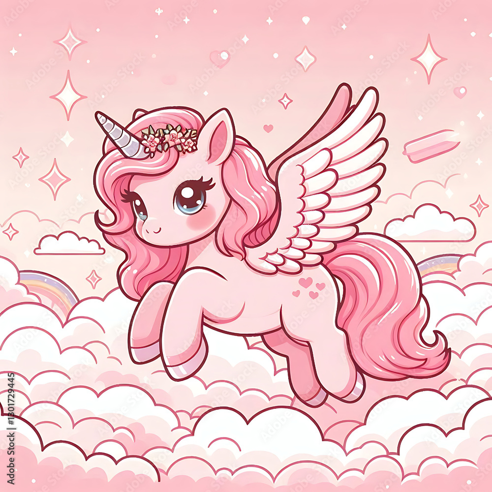 Beautiful white unicorn with rainbow, clouds and stars. For children's design of prints, posters, cards, stickers, pads, etc. Vector illustration
Beautiful white unicorn with rainbow, clouds and stars. For children's design of prints, posters, cards, stickers, pads, etc. Vector illustration