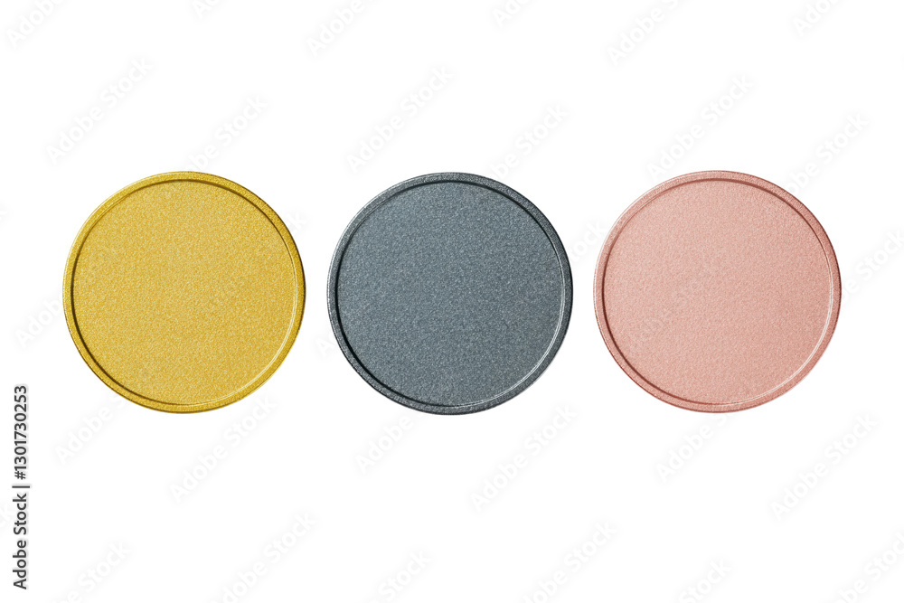 Fototapeta premium Metallic eyeshadow pans in gold, silver, and pink, cut out