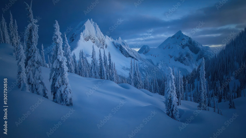 Snowy mountain range at twilight. Snowy mountain range at twilight.