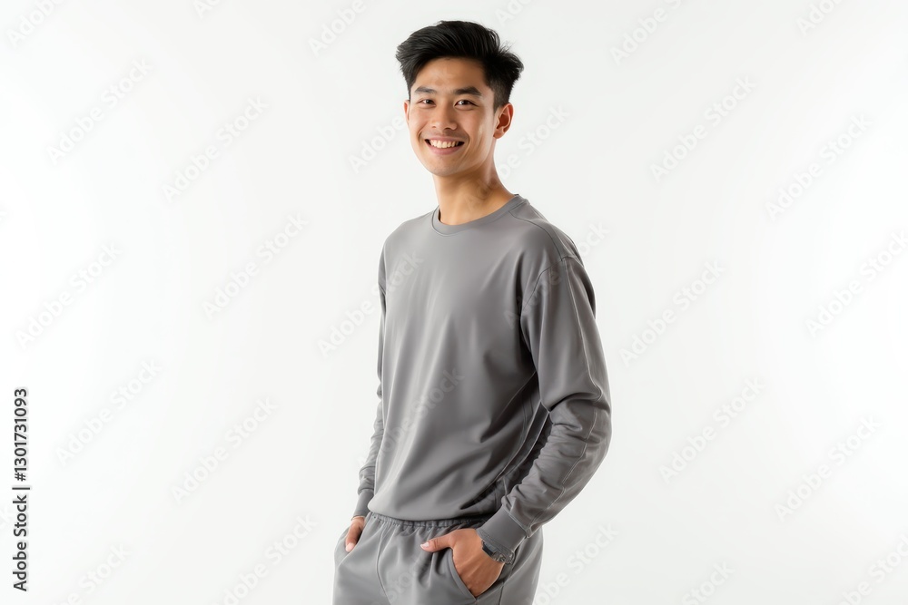 Half-Length (Waist-Up) portrait of young stylish smiling Burmese male model in sporty wear isolated on pure white background looking at camera Half-Length (Waist-Up) portrait of young stylish smiling Burmese male model in sporty wear isolated on pure white background looking at camera
