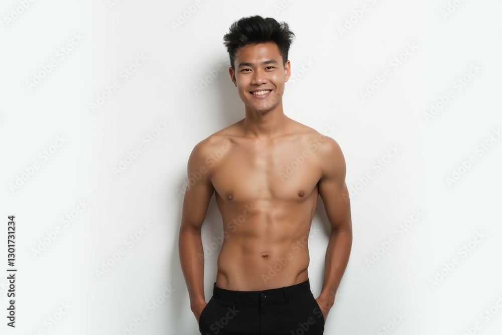 Fototapeta premium Half-Length (Waist-Up) portrait of young stylish smiling Burmese male model in sexy wear isolated on pure white background looking at camera