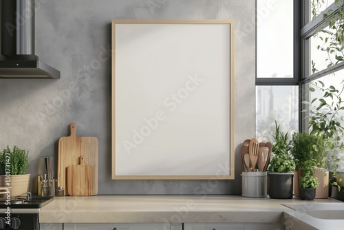 Mockup de moldura vertical em cozinha moderna com utensílios, plantas e decoração minimalista, criado com IA generativa para visualização de arte e design