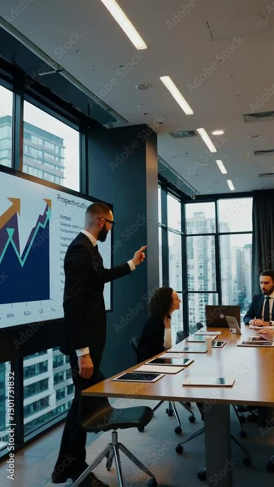 Business presentation with graph analysis and team discussion in modern office Business presentation with graph analysis and team discussion in modern office