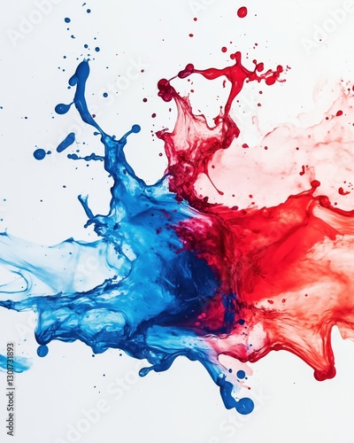 A dynamic splash of blue and red liquid paint colliding against a white background.