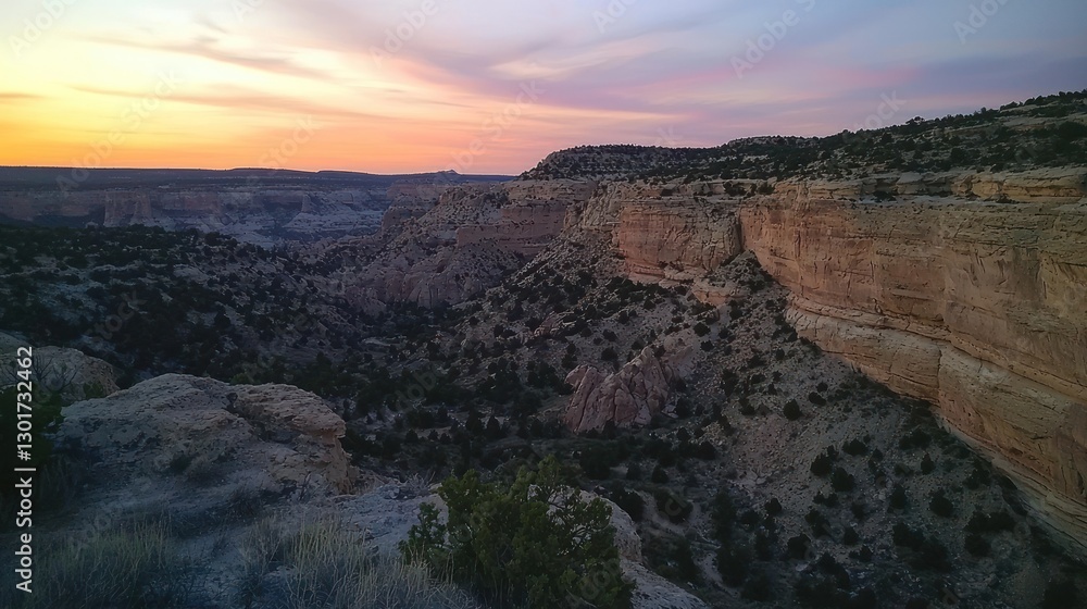Fototapeta premium Sunset over a canyon with desert landscape.