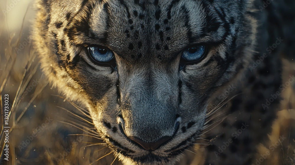 Obraz premium Close-up of a snow leopard's intense blue eyes and detailed fur.