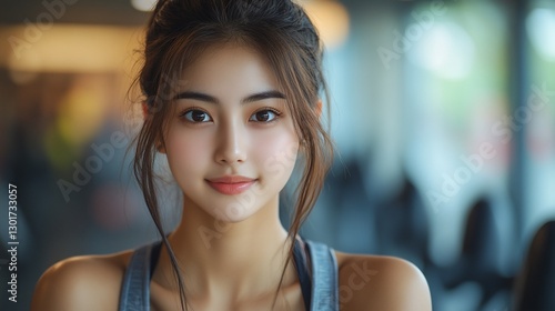 Free Download Close-up portrait of a young Asian woman with a gentle smile, looking directly at the camera in a gym setting. - GFXLoad