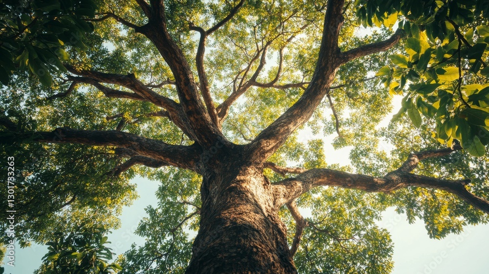 Fototapeta premium Majestic tree with lush green leaves serene forest nature photography vibrant landscape eye-level view natural beauty