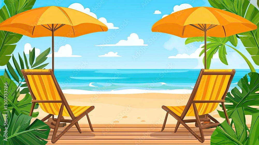 Tropical beach scene with sun loungers Tropical beach scene with sun loungers