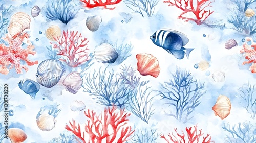 Vibrant Underwater Marine Life Pattern with Coral Reefs Fish and Seashells in Soft Watercolor