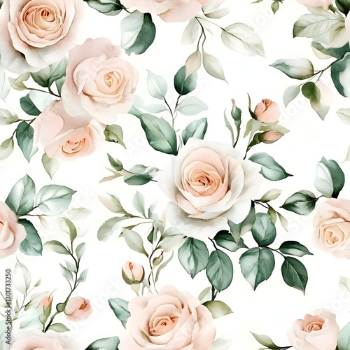 Vintage Floral Pattern with Pastel Roses and Lush Green Leaves in Soft Watercolor Texture
