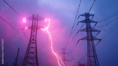 Lightning strikes power line, stormy night. Energy crisis backdrop photo