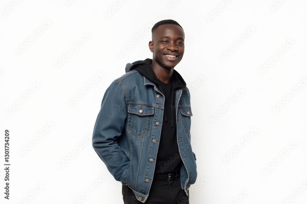 Half-Length (Waist-Up) portrait of young stylish smiling Burundian male model in cyberpunk wear isolated on pure white background looking at camera Half-Length (Waist-Up) portrait of young stylish smiling Burundian male model in cyberpunk wear isolated on pure white background looking at camera
