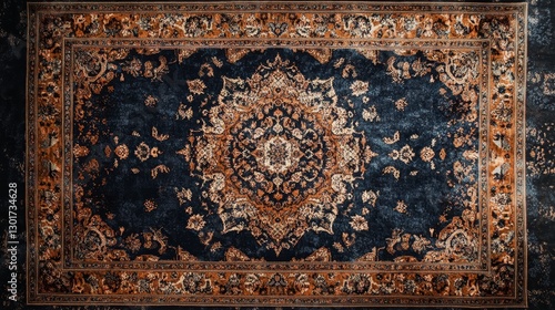 Intricate pattern on a textured blue carpet.