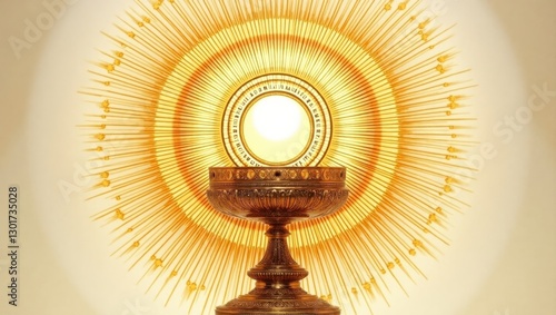 Custodia dorada que sostiene la Eucaristía, rodeada de intrincados patrones de rayos de sol