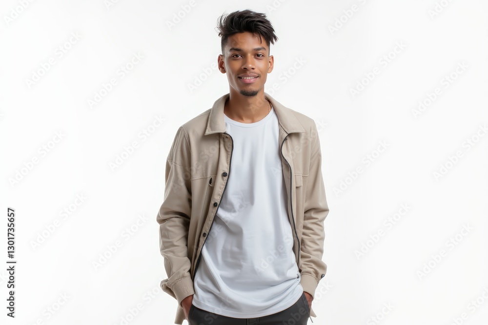 Half-Length (Waist-Up) portrait of young stylish smiling Cabo Verdean male model in casual wear isolated on pure white background looking at camera Half-Length (Waist-Up) portrait of young stylish smiling Cabo Verdean male model in casual wear isolated on pure white background looking at camera