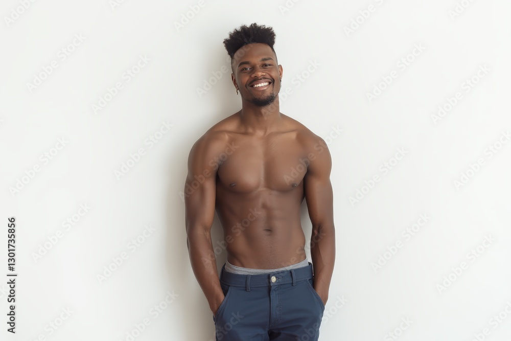 Fototapeta premium Half-Length (Waist-Up) portrait of young stylish smiling Cabo Verdean male model in sexy wear isolated on pure white background looking at camera