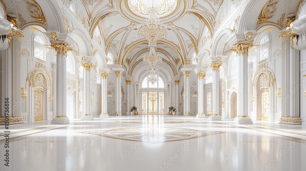 Fototapeta premium Luxurious White Ballroom with Gold Accents, High Domed Ceilings, and Elegant Chandeliers – Grand Interior with Intricate Frescoes and Gleaming Floors