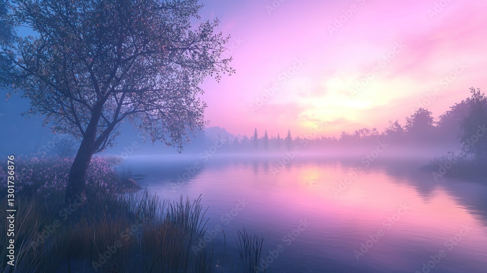 Serene sunrise over misty lake with tree. Serene sunrise over misty lake with tree.