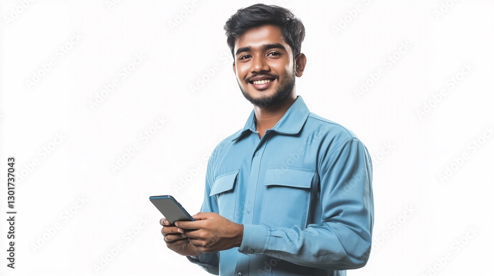 Cheerful Nepali Blue-Collar Worker Holding Smartphone on White Background – Confident and Friendly Expression Cheerful Nepali Blue-Collar Worker Holding Smartphone on White Background – Confident and Friendly Expression