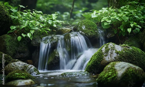 A serene waterfall cascades over moss-covered rocks, surrounded by lush green foliage, creating a peaceful natural scene.