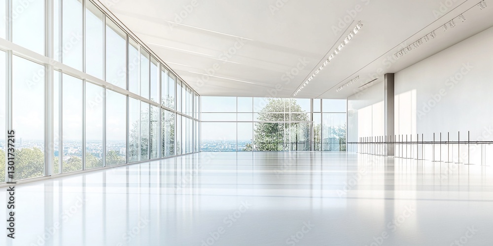 Spacious Contemporary Dance Hall with Floor-to-Ceiling Windows and Minimalist Ballet Barres Spacious Contemporary Dance Hall with Floor-to-Ceiling Windows and Minimalist Ballet Barres