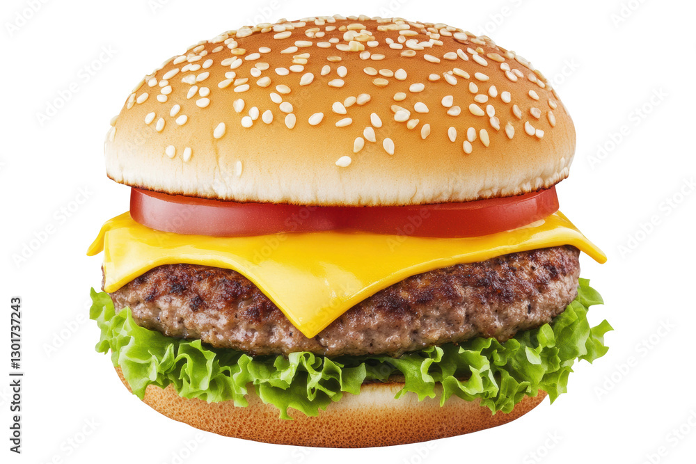 Fresh cheeseburger on a sesame bun, cut out Fresh cheeseburger on a sesame bun, cut out