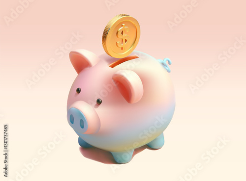 A piggy bank with a gold dollar coin on a pink background. 3D vector graphics.