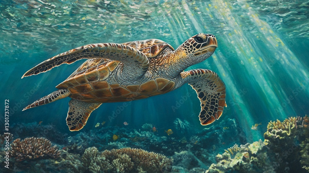 Fototapeta premium Majestic Sea Turtle Gliding Through Crystal-Clear Waters with Sunlit Coral Reef Below