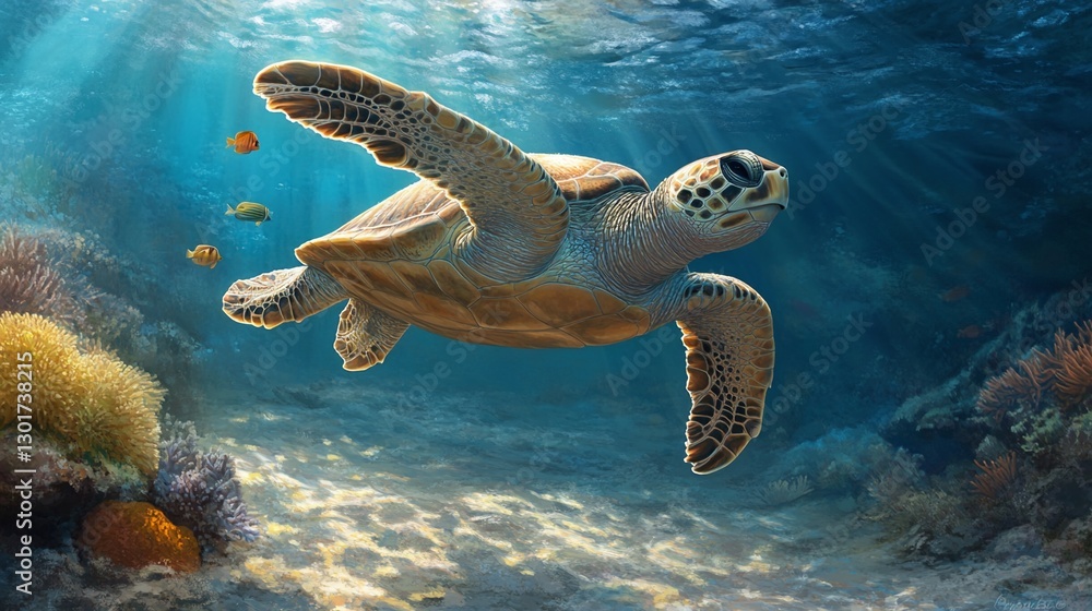 Obraz premium Stunning Loggerhead Sea Turtle Gliding Through Clear Ocean, Vibrant Marine Life and Sunlit Coral Reefs in High Dynamic Range